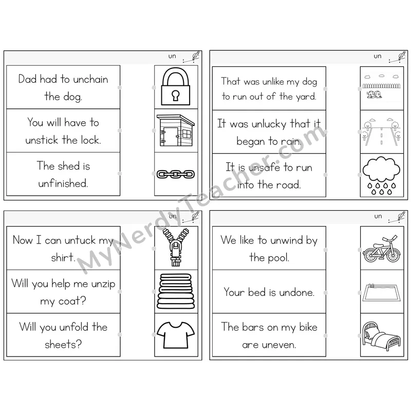 Prefix un- Read and Match Picture Task Cards — Decodable Sentences