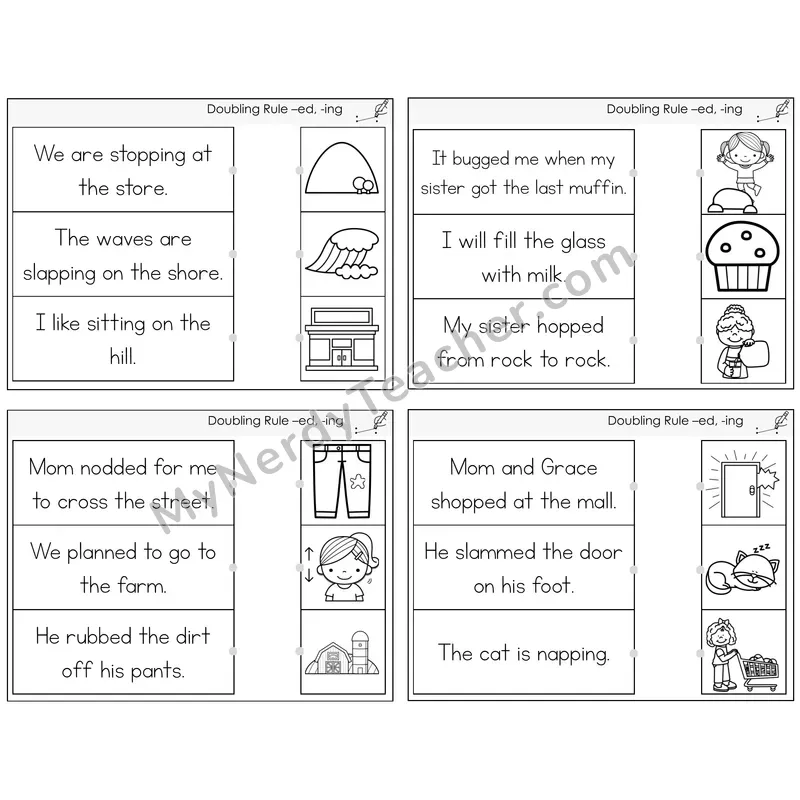 Doubling Rule -ed, -ing Read and Match Picture Task Cards — Decodable Sentences