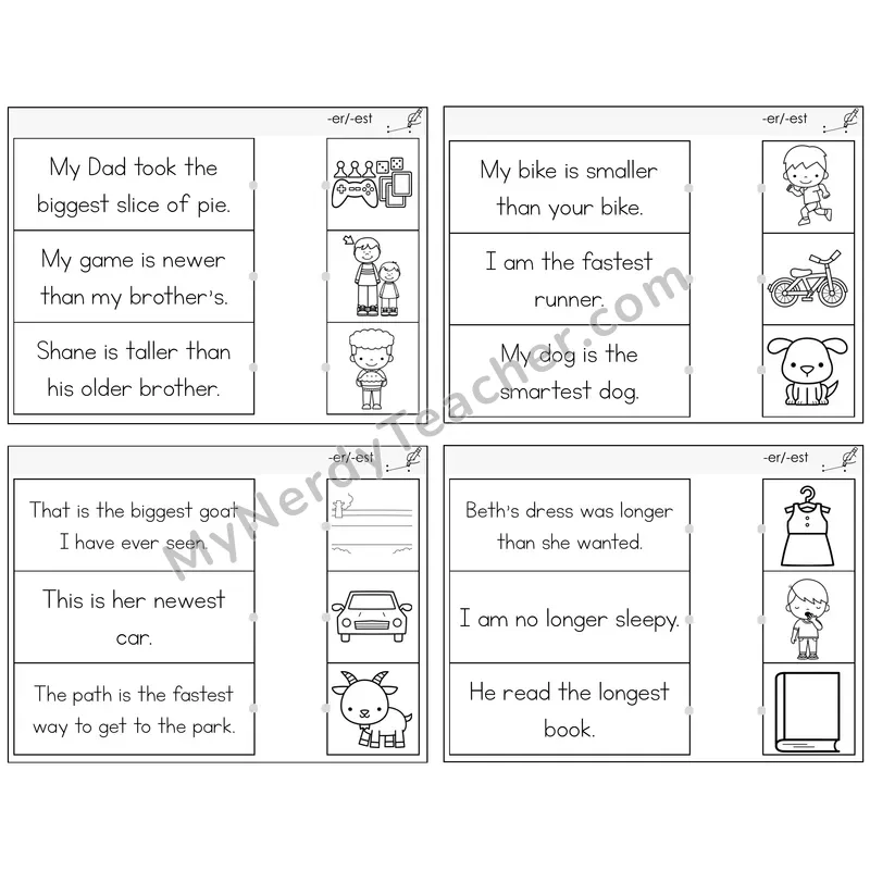 Suffixes -er and -est Read and Match Picture Task Cards — Decodable Sentences