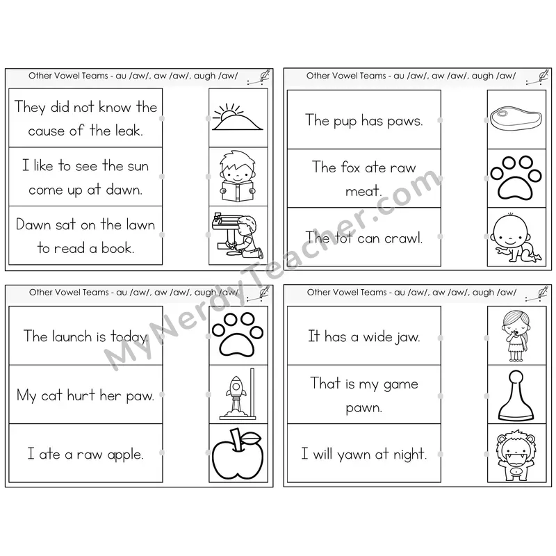 AU, AW, AUGH (/aw/) Read and Match Picture Task Cards — Decodable Sentences