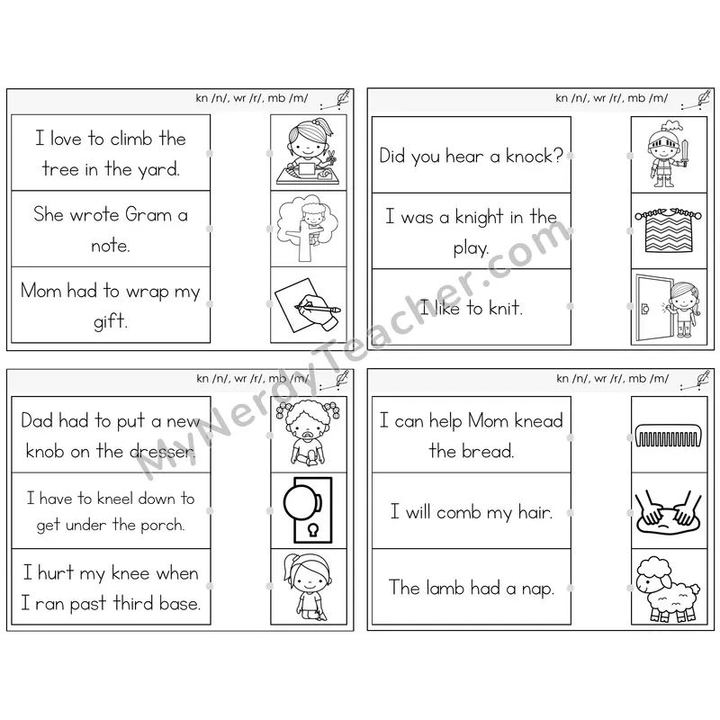 Silent Letters (kn, wr, mb) Read and Match Picture Task Cards — Decodable Sentences