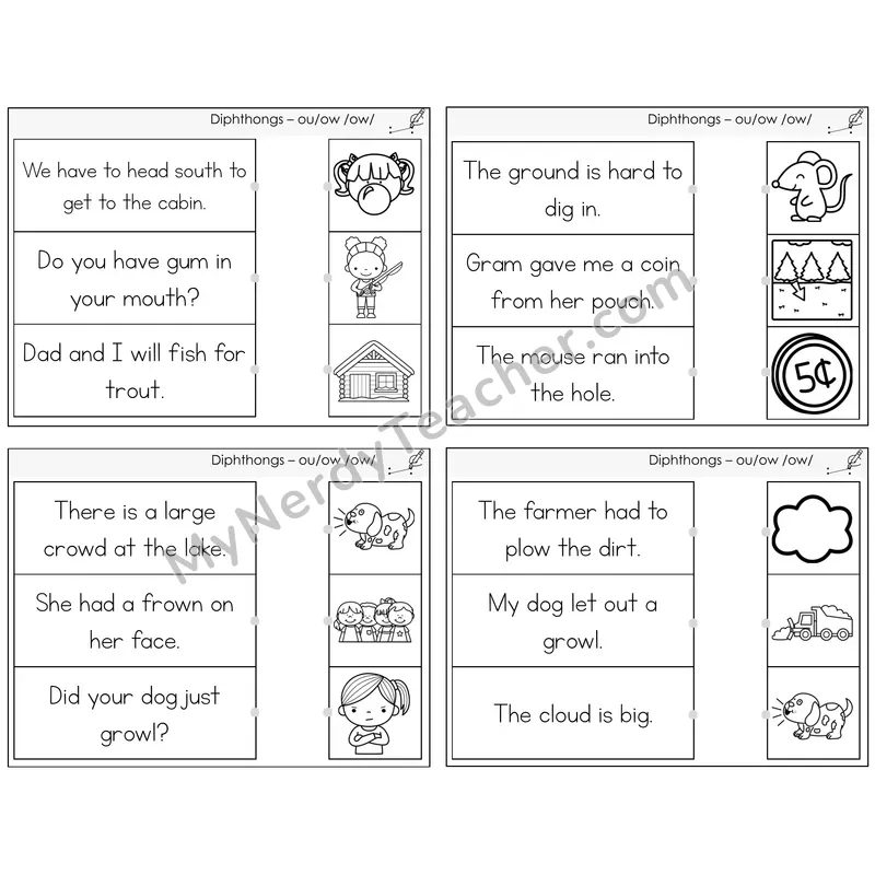 Diphthong OU and OW Read and Match Picture Task Cards — Decodable Sentences