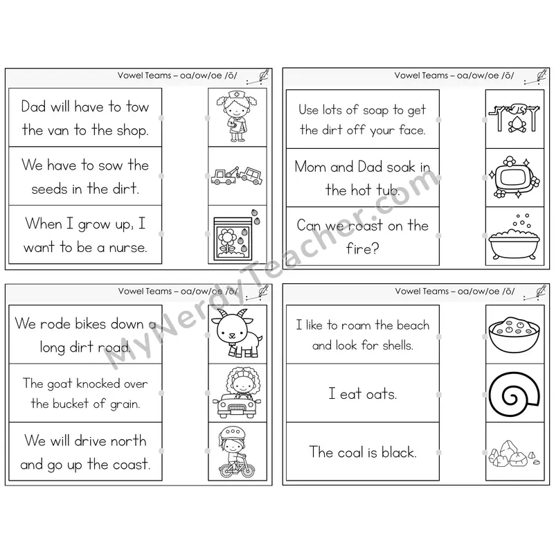 Long O Vowel Teams (oa, ow, oe) Read and Match Picture Task Cards — Decodable Sentences