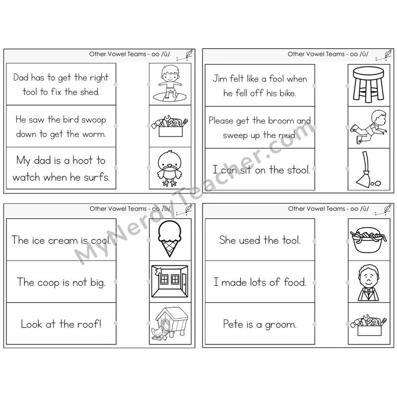 Long OO (/ū/) Read and Match Picture Task Cards — Decodable Sentences
