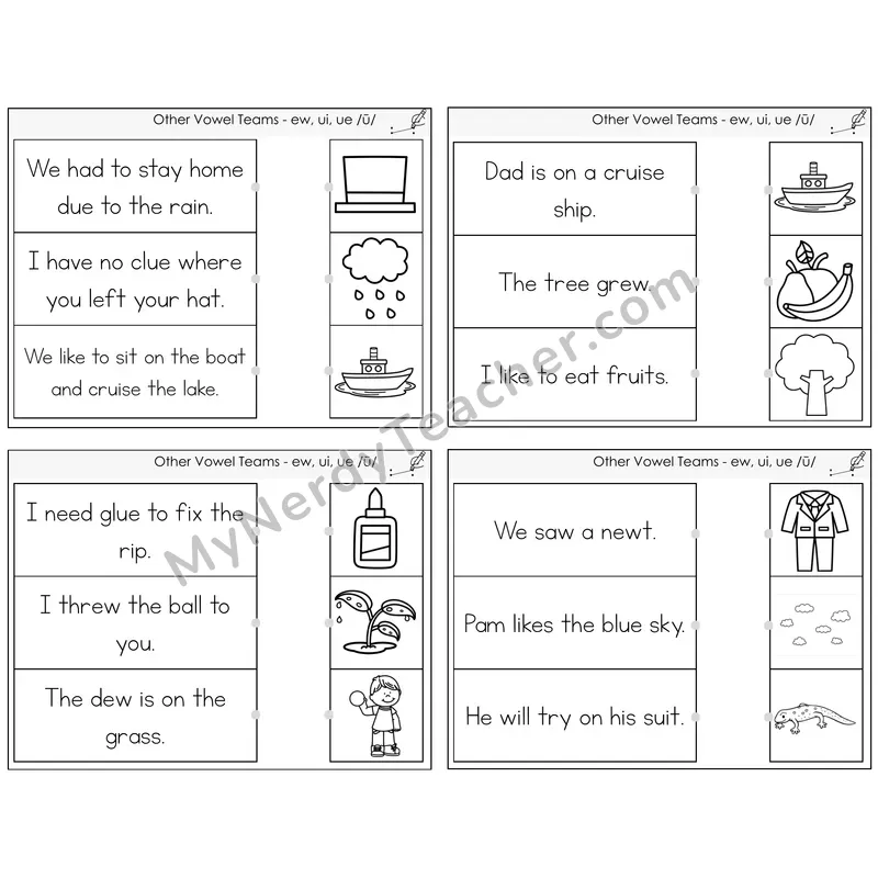 Long U (ew, ui, ue) Read and Match Picture Task Cards — Decodable Sentences