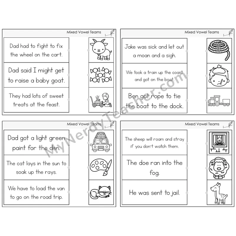Mixed Vowel Teams Read and Match Picture Task Cards — Decodable Sentences