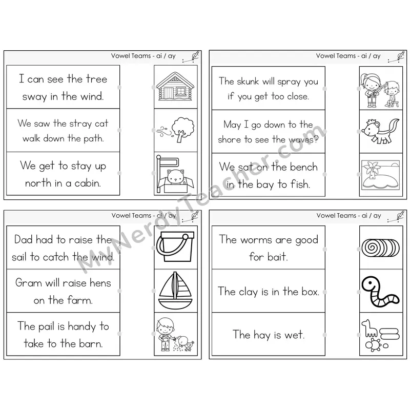 Long A Vowel Teams (ai, ay) Read and Match Picture Task Cards — Decodable Sentences