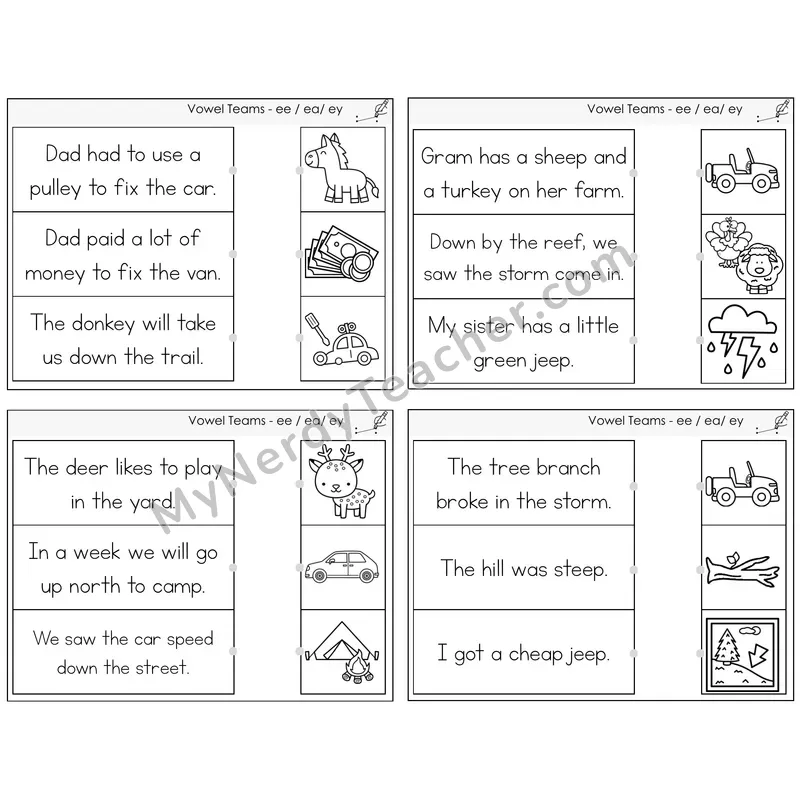Long E Vowel Teams (ee, ea, ey) Read and Match Picture Task Cards — Decodable Sentences