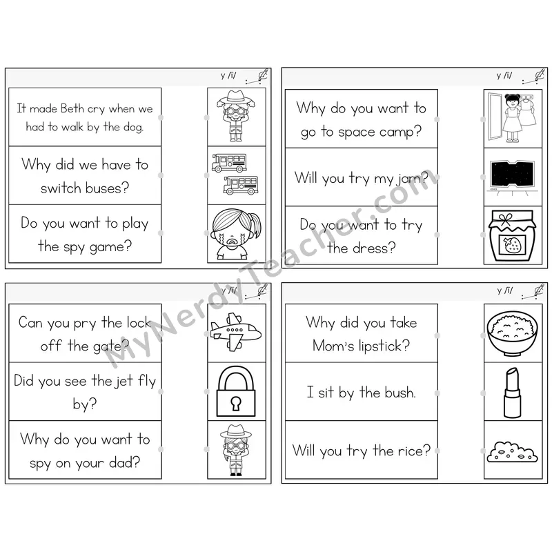 Y as Long I Read and Match Picture Task Cards — Decodable Sentences