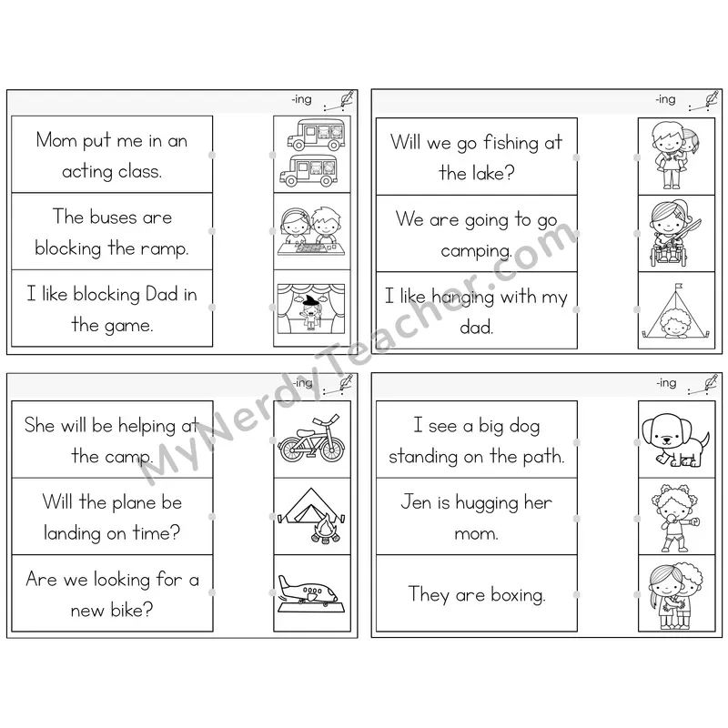 Suffix -ing Read and Match Picture Task Cards — Decodable Sentences