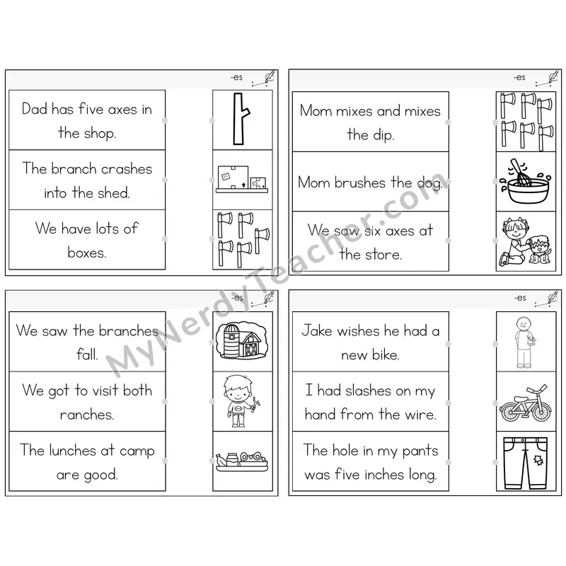 Suffix -es (Inflectional) Read and Match Picture Task Cards — Decodable Sentences