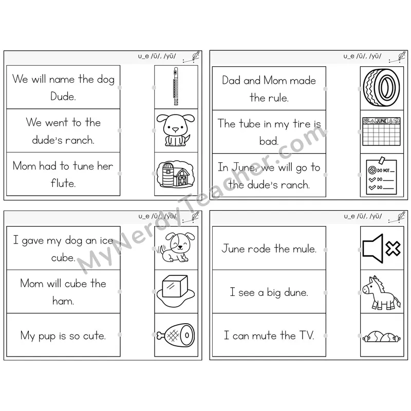 Long U VCe (u_e) Read and Match Picture Task Cards — Decodable Sentences