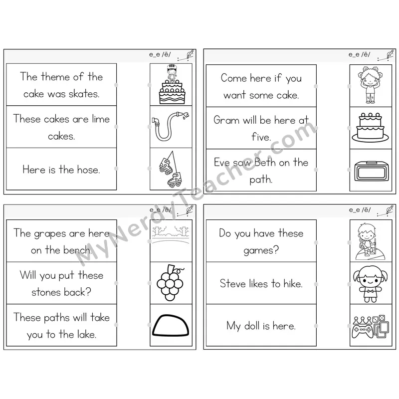 Long E VCe (e_e) Read and Match Picture Task Cards — Decodable Sentences