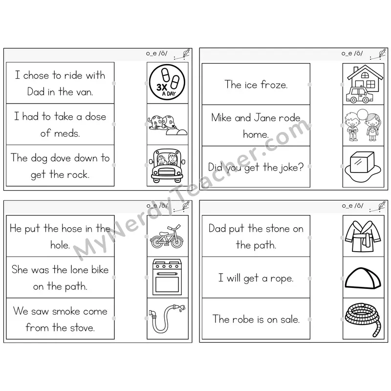 Long O VCe (o_e) Read and Match Picture Task Cards — Decodable Sentences