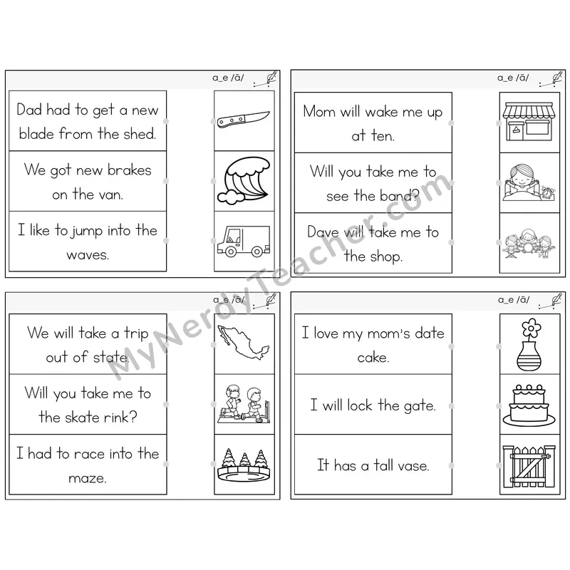 Long A VCe (a_e) Read and Match Picture Task Cards — Decodable Sentences