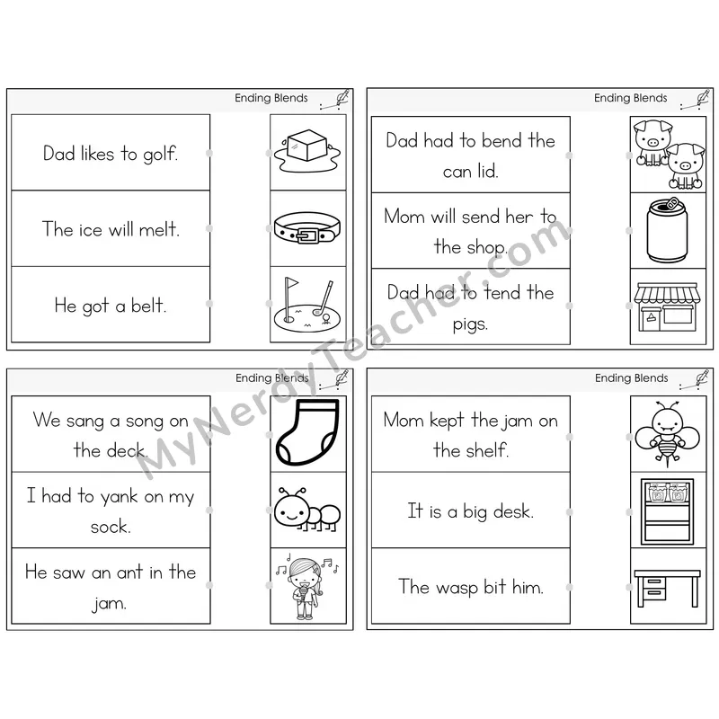 Ending Blends Read and Match Picture Task Cards — Decodable Sentences