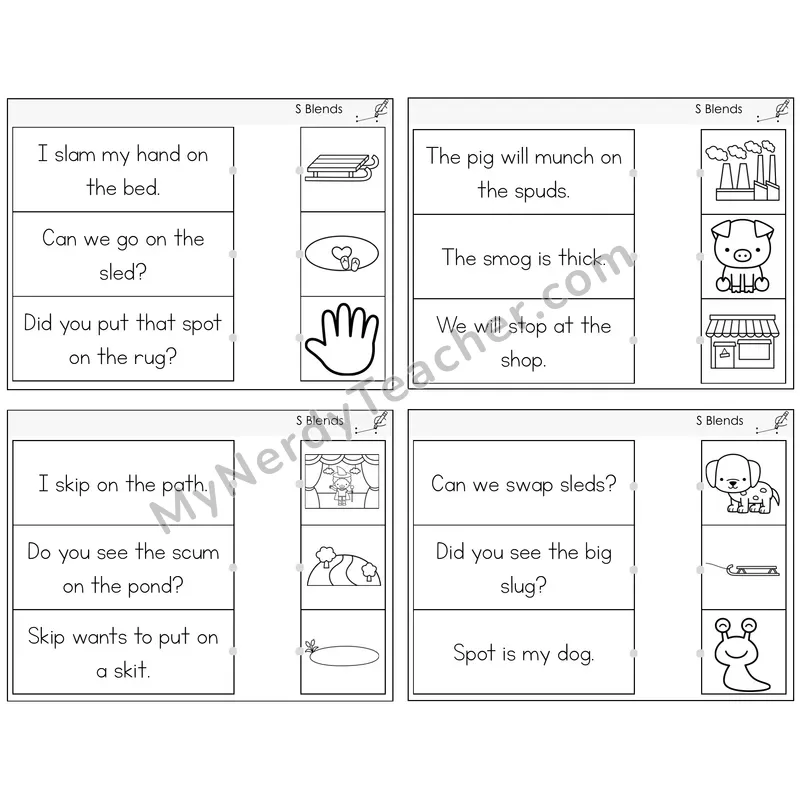 S Blends Read and Match Picture Task Cards — Decodable Sentences
