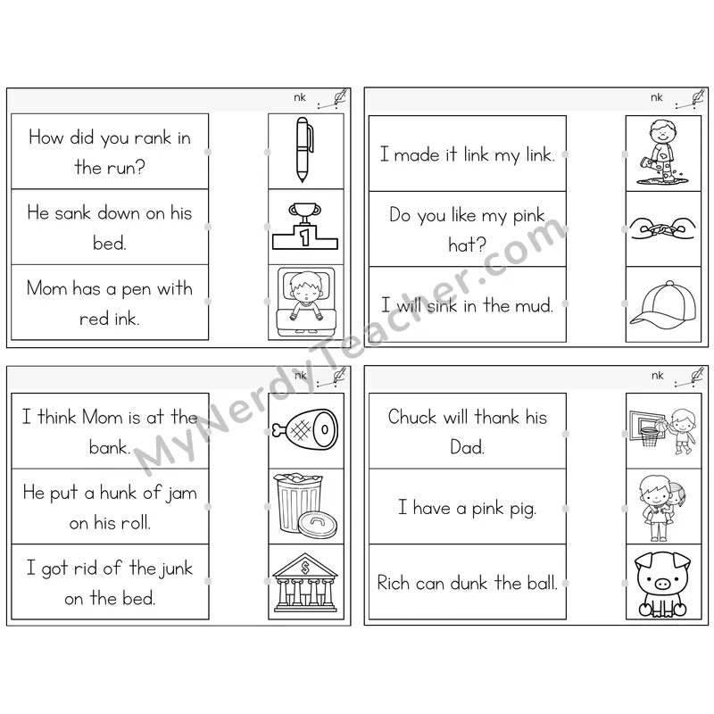 NK Digraph Read and Match Picture Task Cards — Decodable Sentences