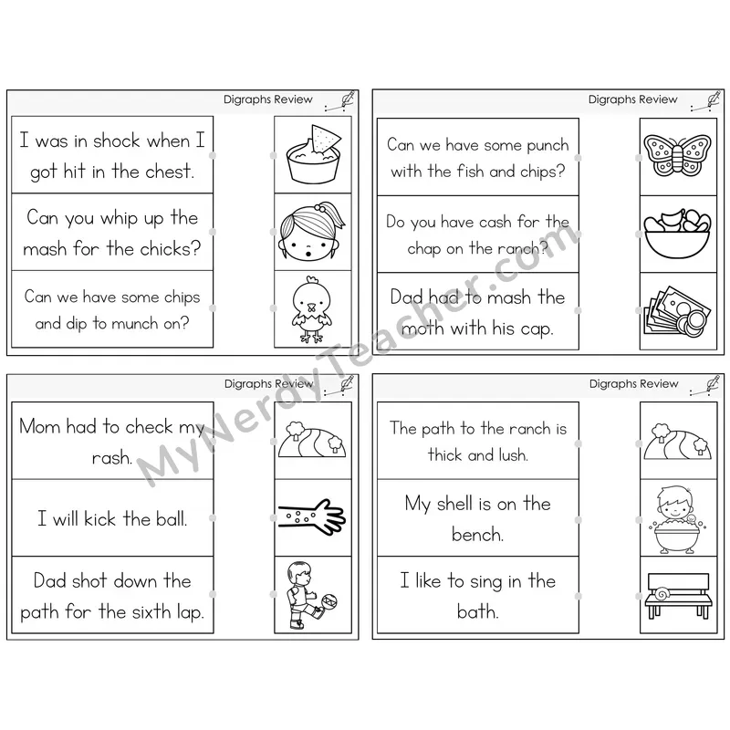 Digraphs Review Read and Match Picture Task Cards — Decodable Sentences