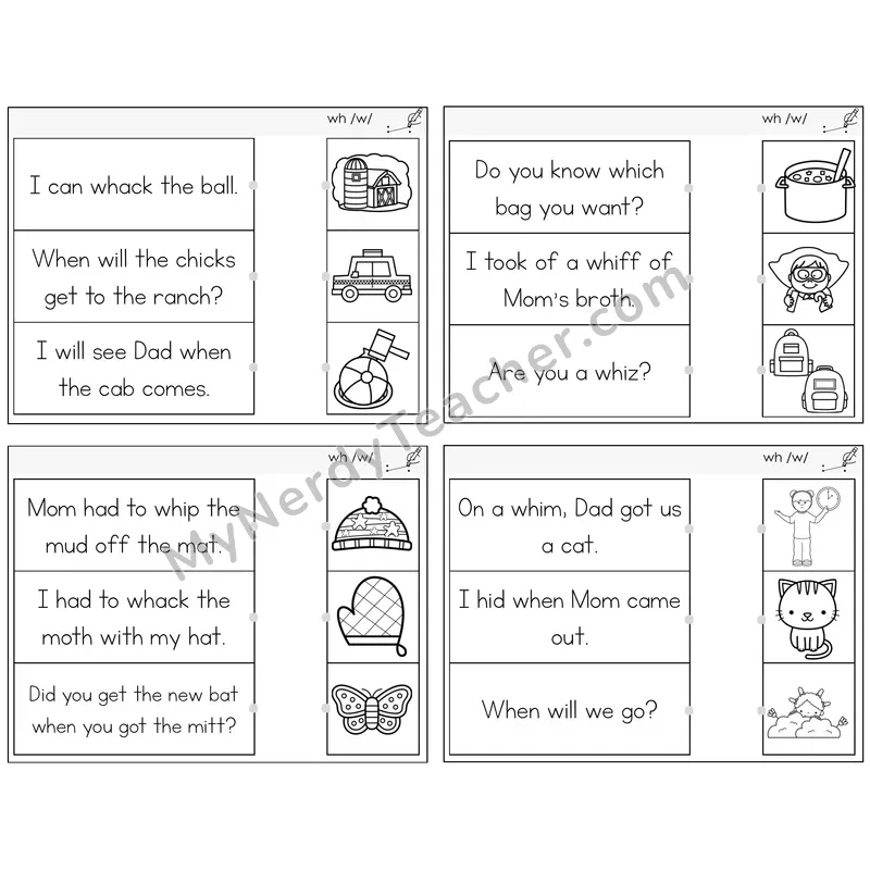 WH Digraph Read and Match Picture Task Cards — Decodable Sentences
