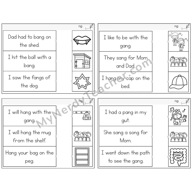 NG Digraph Read and Match Picture Task Cards — Decodable Sentences