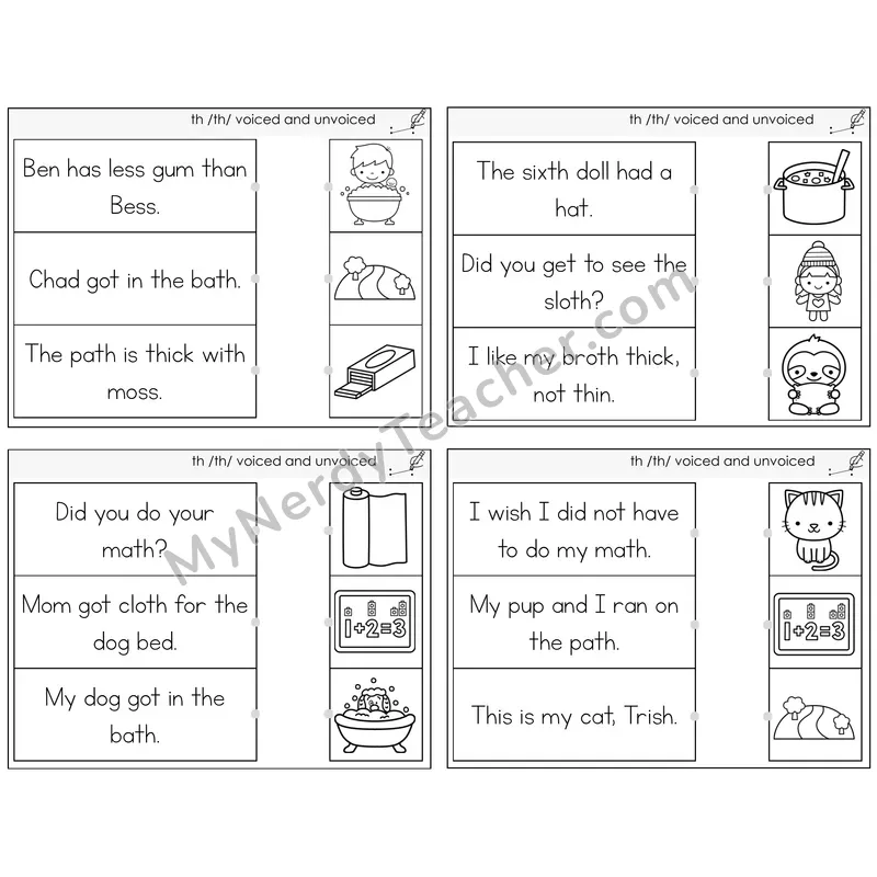 TH Digraph (Voiced + Unvoiced) Read and Match Picture Task Cards — Decodable Sentences