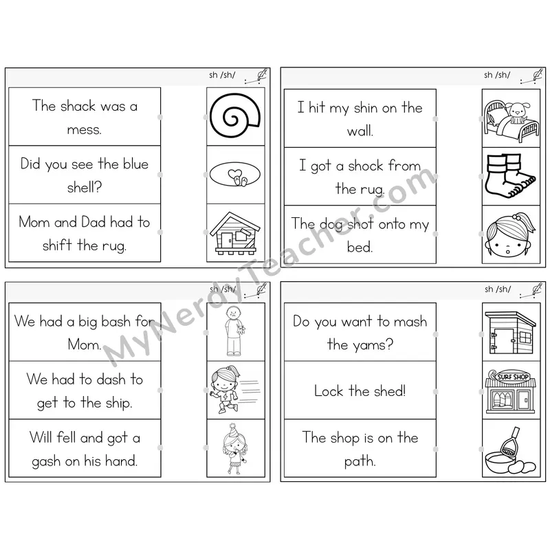 SH Digraph Read and Match Picture Task Cards — Decodable Sentences