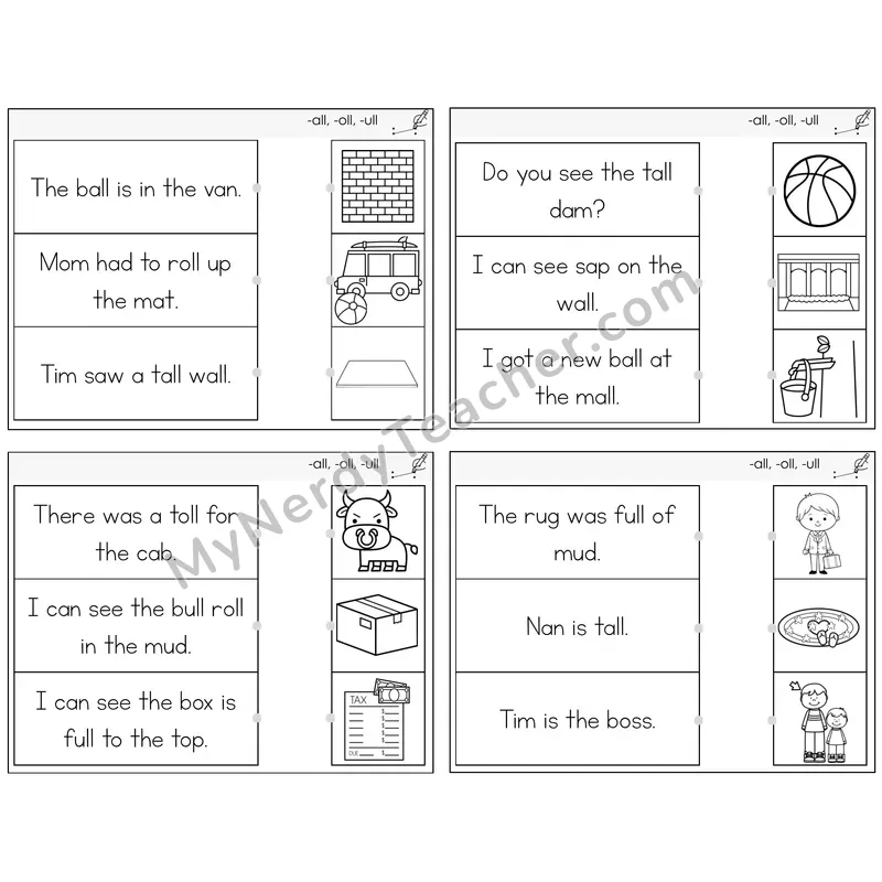 All, Oll, Ull Read and Match Picture Task Cards — Decodable Sentences