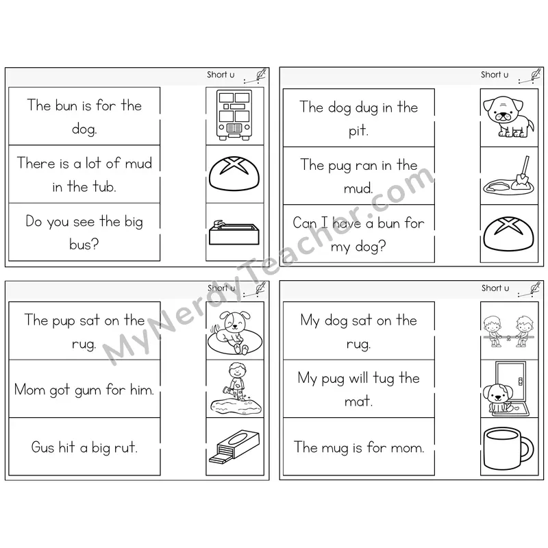 Short U Read and Match Picture Task Cards — Decodable Sentences