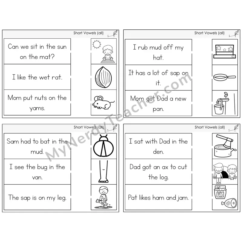 Short Vowels Review Read and Match Picture Task Cards — Decodable Sentences