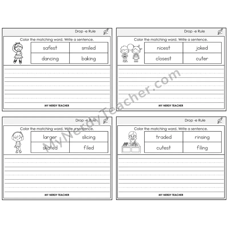 Drop -e Rule Color and Write a Sentence Task Cards — Decodable Sentences