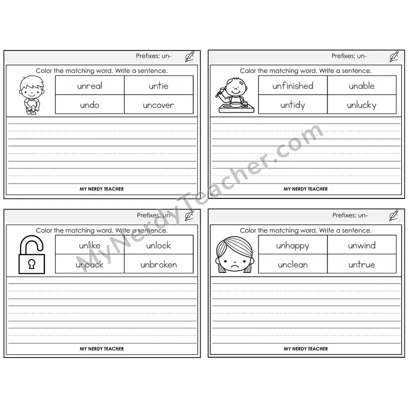 Prefix un- Color and Write a Sentence Task Cards — Decodable Sentences