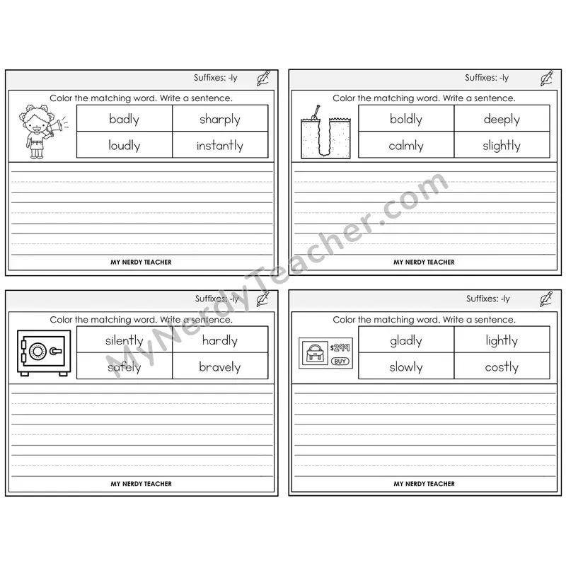 Suffix -ly Color and Write a Sentence Task Cards — Decodable Sentences