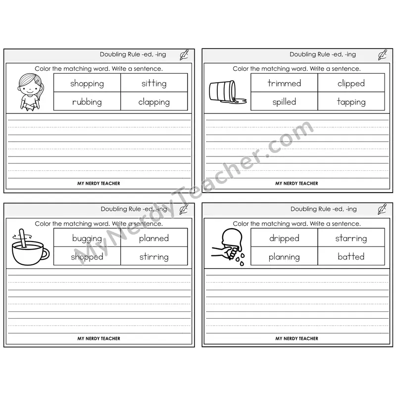 Doubling Rule -ed, -ing Color and Write a Sentence Task Cards — Decodable Sentences