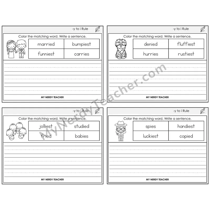 Y to I Rule Color and Write a Sentence Task Cards — Decodable Sentences
