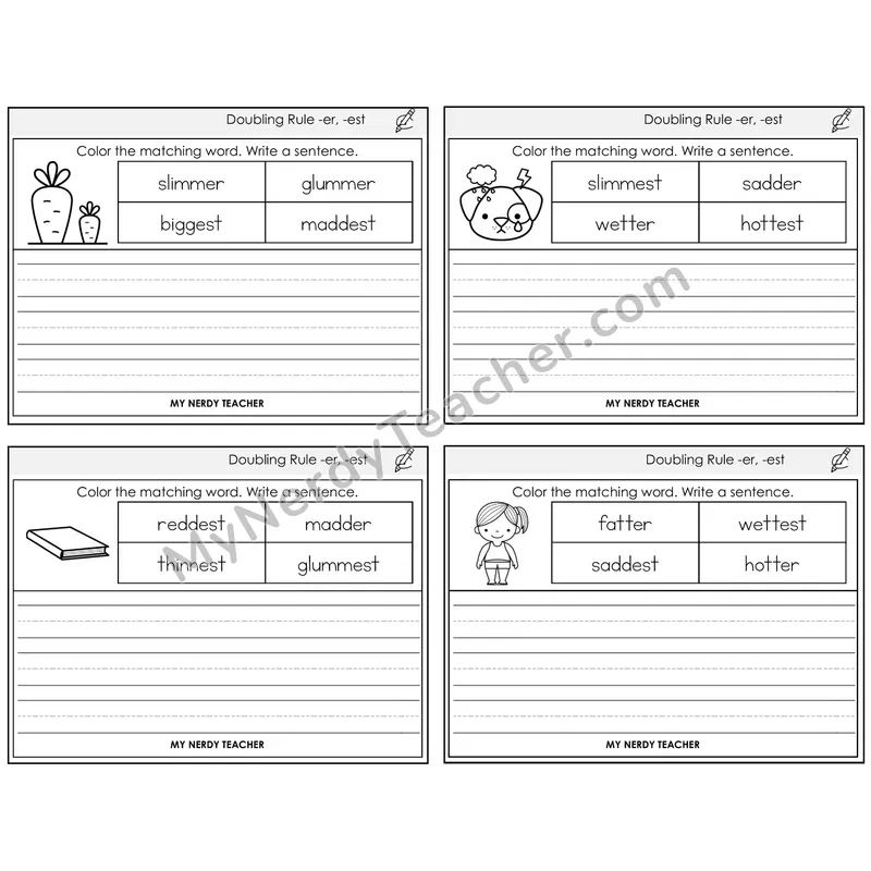 Doubling Rule -er, -est Color and Write a Sentence Task Cards — Decodable Sentences