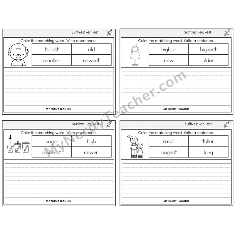 Suffixes -er and -est Color and Write a Sentence Task Cards — Decodable Sentences