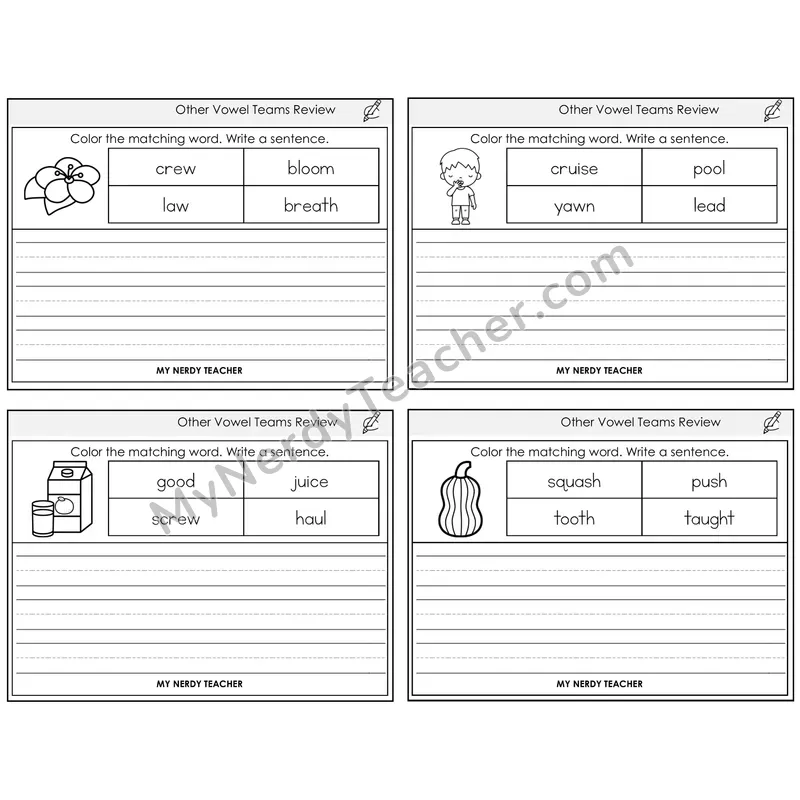 Other Vowel Teams Review Color and Write a Sentence Task Cards — Decodable Sentences