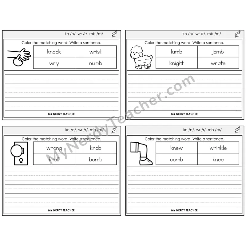 Silent Letters (kn, wr, mb) Color and Write a Sentence Task Cards — Decodable Sentences
