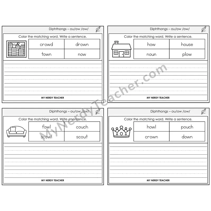 Diphthong OU and OW Color and Write a Sentence Task Cards — Decodable Sentences