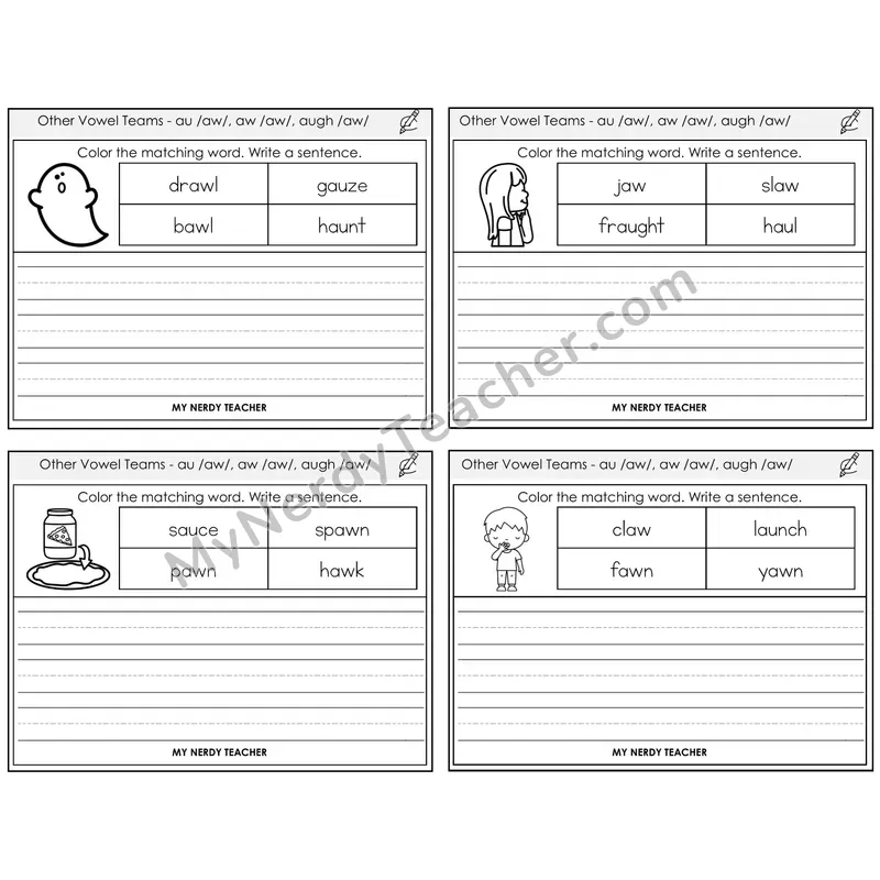 AU, AW, AUGH (/aw/) Color and Write a Sentence Task Cards — Decodable Sentences