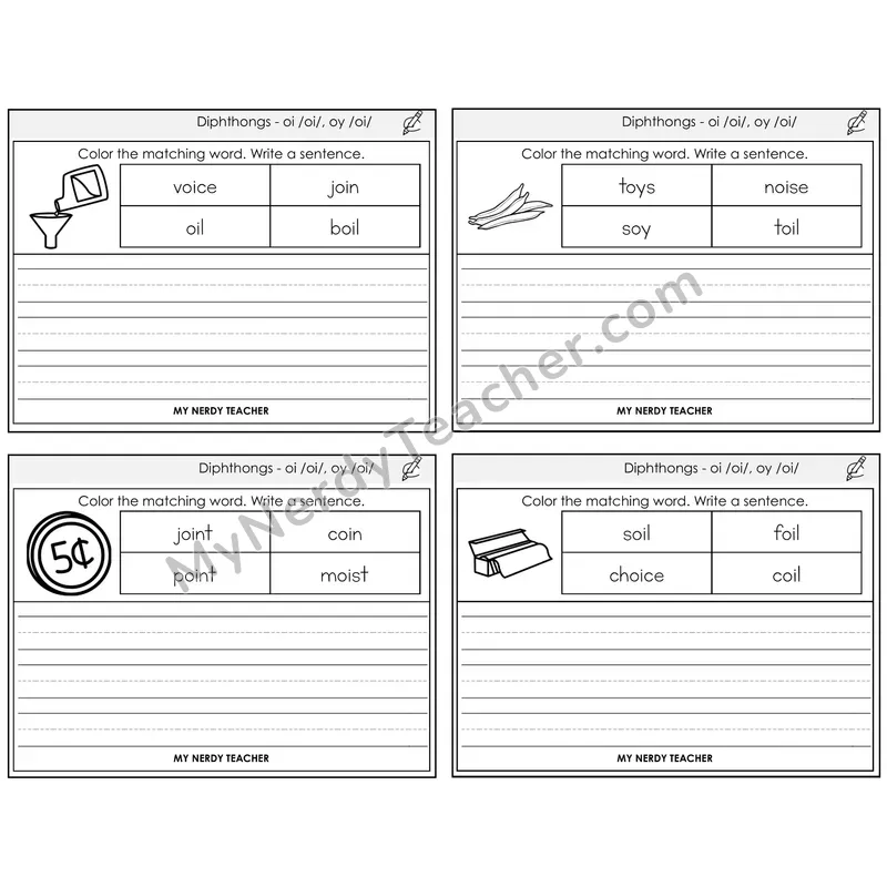 Diphthong OI and OY Color and Write a Sentence Task Cards — Decodable Sentences