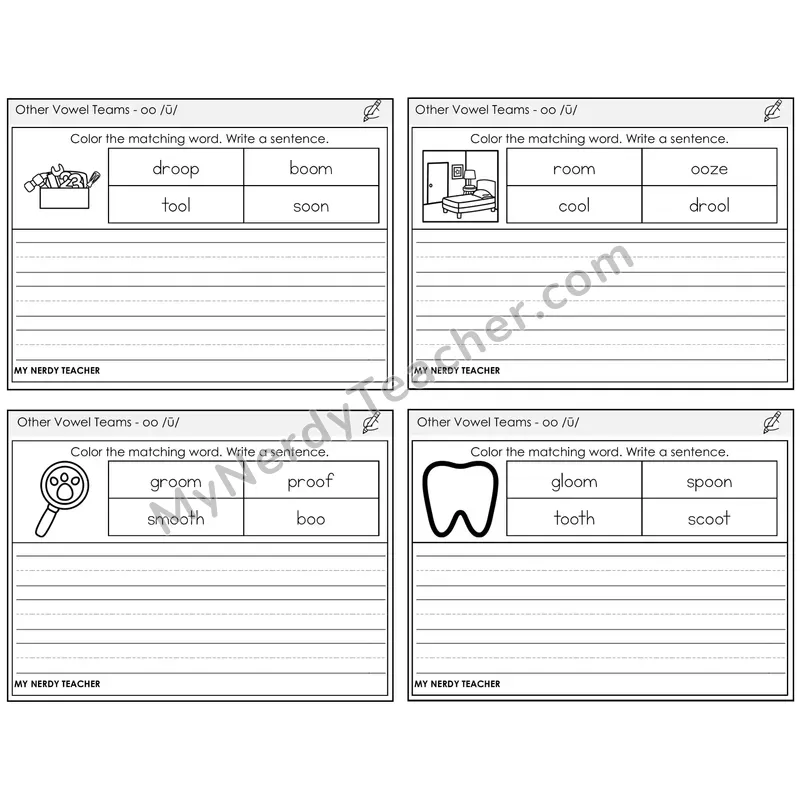 Long OO (/ū/) Color and Write a Sentence Task Cards — Decodable Sentences