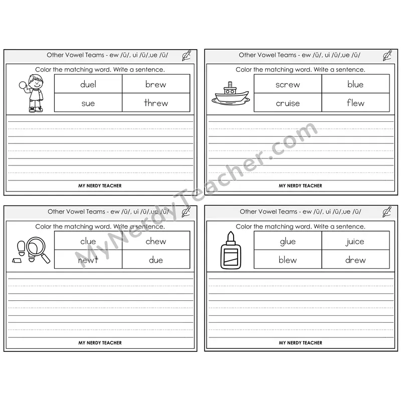 Long U (ew, ui, ue) Color and Write a Sentence Task Cards — Decodable Sentences