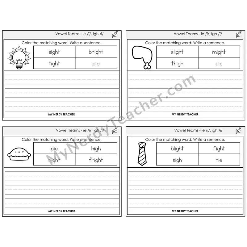 Long I Vowel Teams (ie, igh) Color and Write a Sentence Task Cards — Decodable Sentences