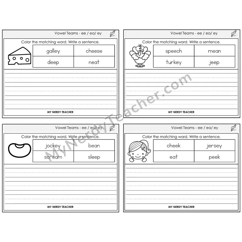 Long E Vowel Teams (ee, ea, ey) Color and Write a Sentence Task Cards — Decodable Sentences