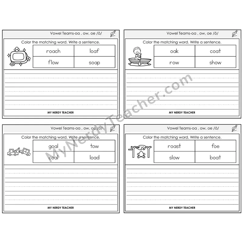 Long O Vowel Teams (oa, ow, oe) Color and Write a Sentence Task Cards — Decodable Sentences
