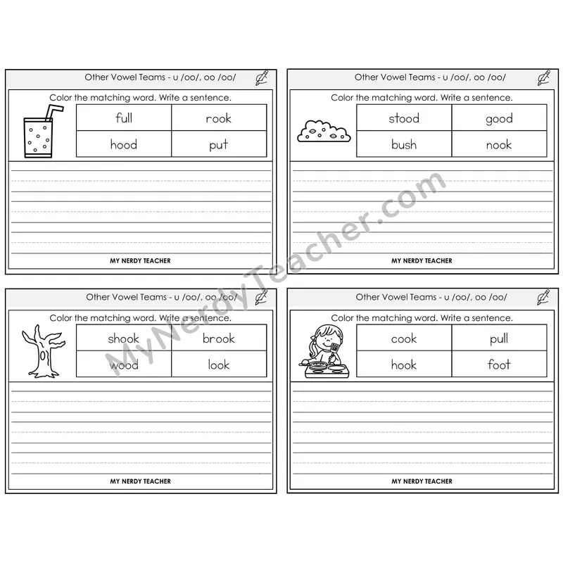 Short OO and U (/oo/) Color and Write a Sentence Task Cards — Decodable Sentences