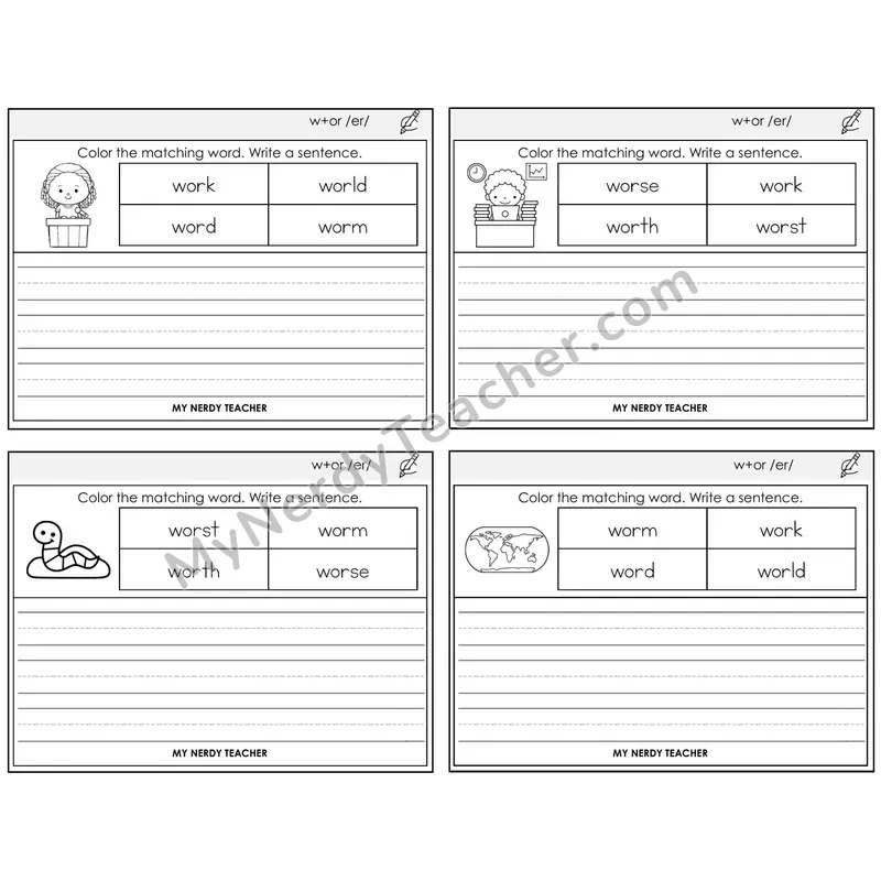 W+OR spelling /er/ Color and Write a Sentence Task Cards — Decodable Sentences