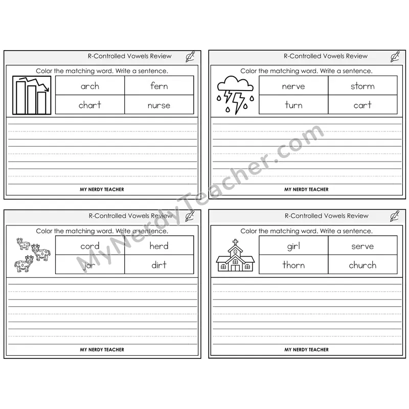 R-Controlled Vowels Review Color and Write a Sentence Task Cards — Decodable Sentences